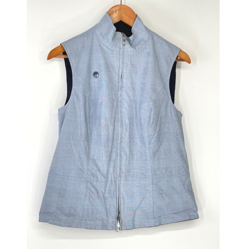Bobby Jones Womens Vest M Reversible Blue Plaid Navy Full Zip Golf